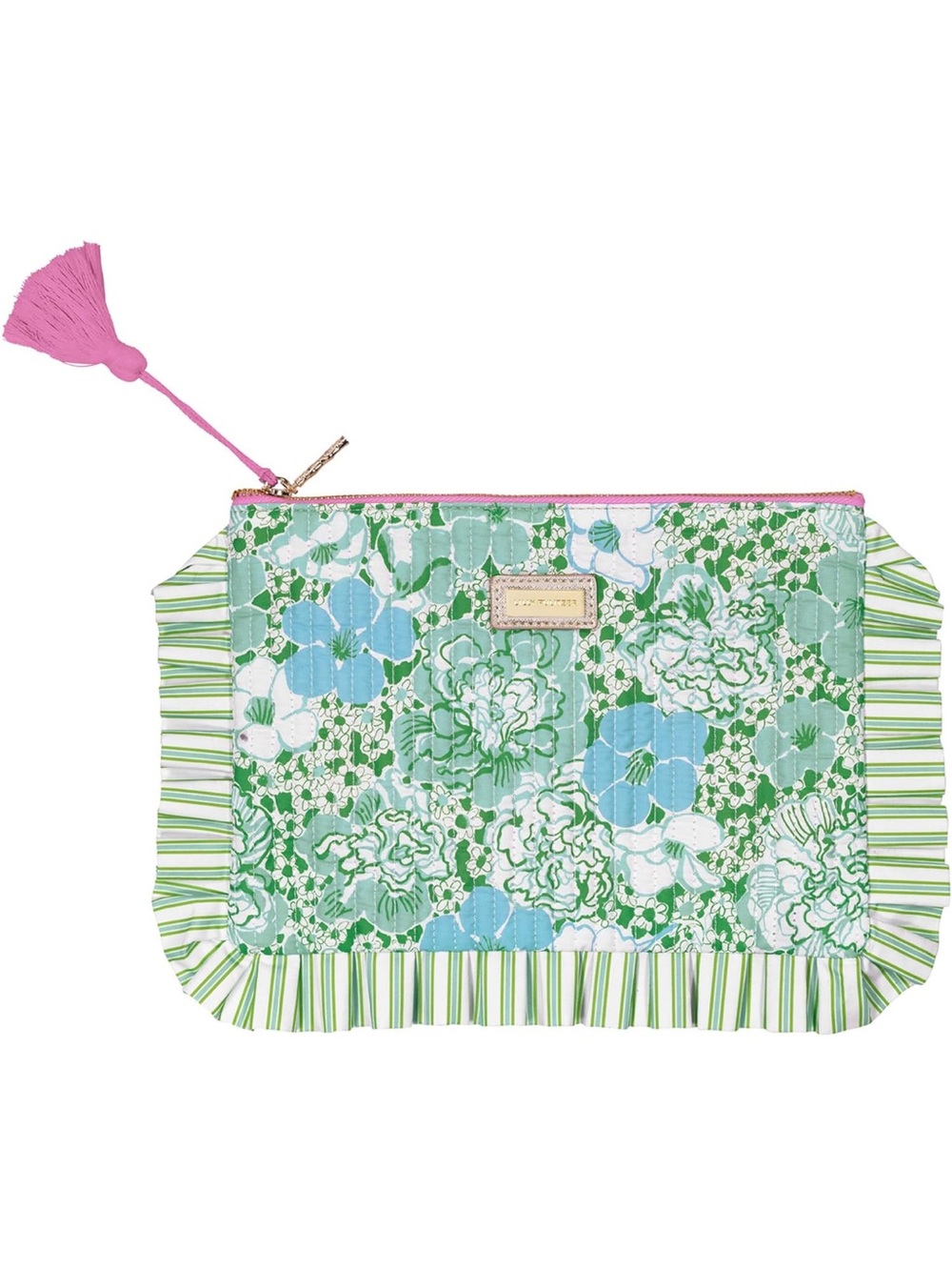 New Lilly Pulitzer Green Floral Ruffle Wristlet Pouch, Cosmetic Bag Pink Tassel